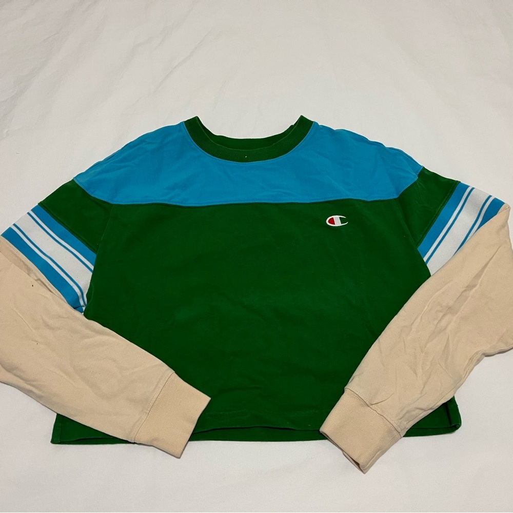 Champion 90s Cropped Vintage Green and Blue Long Sleeve Shirt